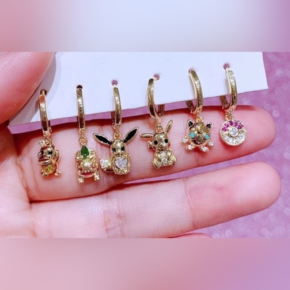 14K Gold Pokemon Psyduck & Bulbasaur & Eevee & Pikachu & Jiggly Puff  Earrings - Picture 2 of 3